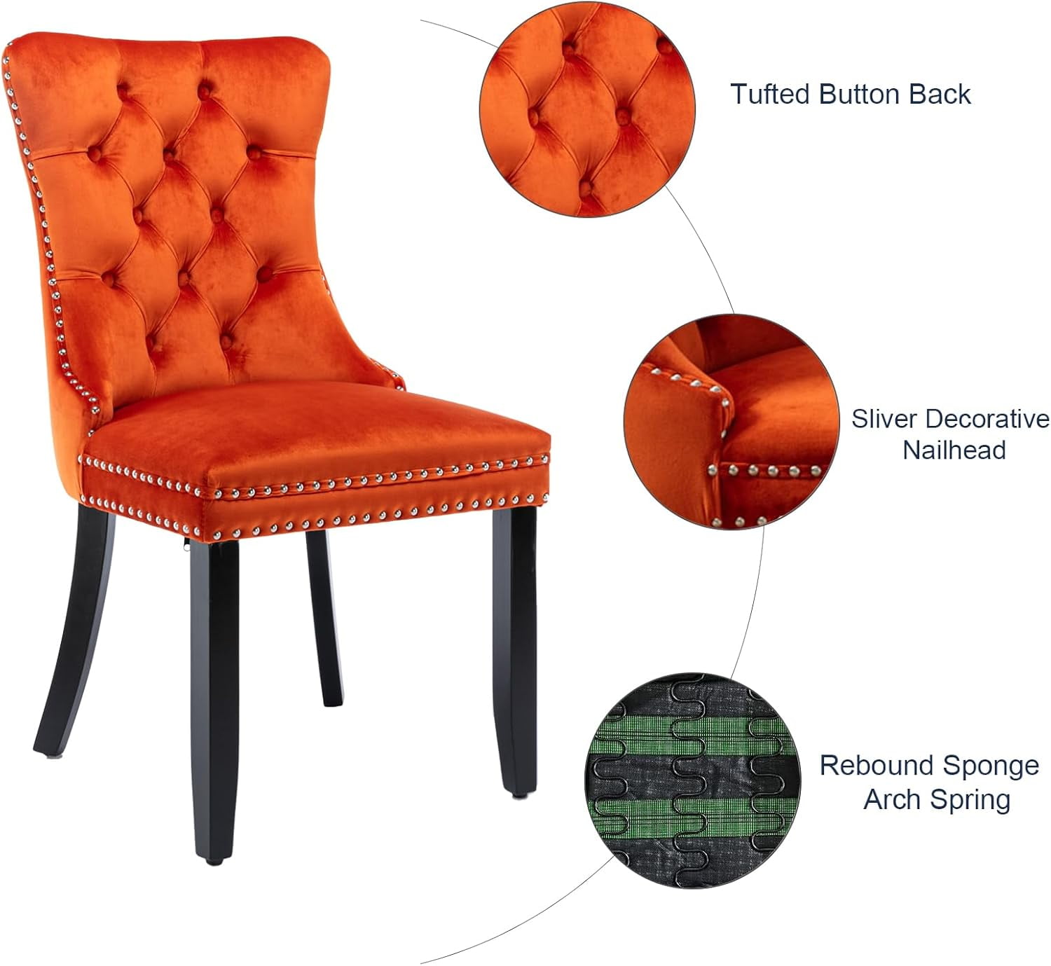 MOONMISS Dining Chairs 2-Pcs Set, High-end Velvet Upholstered Accent Chairs Button Tufted Dining Chairs with Back Ring Pull and Nailhead Trim,Orange