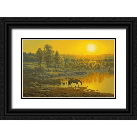 Adamov, Alexey 24x17 Black Ornate Wood Framed with Double Matting Museum Art Print Titled - Horse early Morning by the Lake