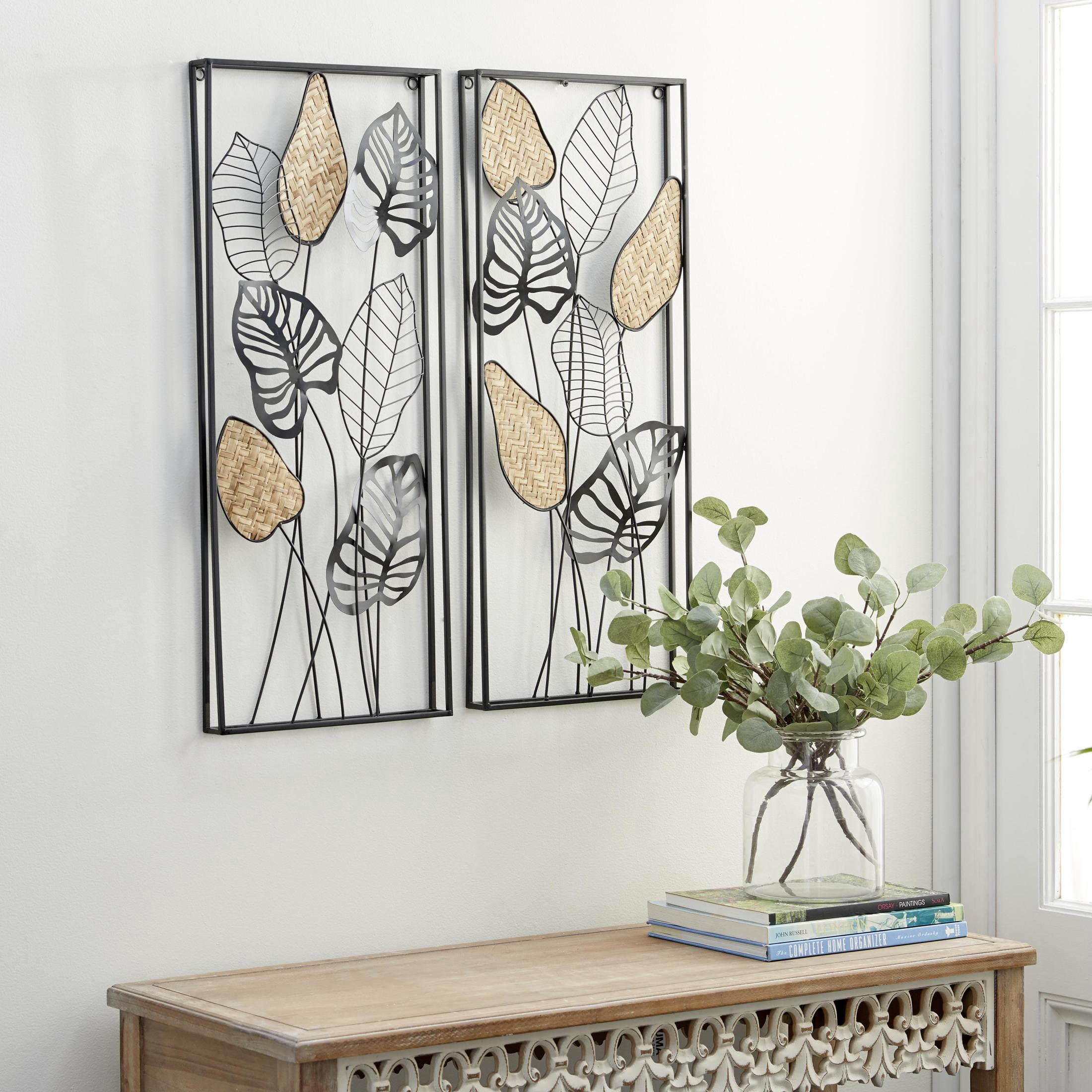 DecMode Black Metal Tall Cut-Out Leaf Wall Decor with Intricate Laser Cut Designs (2 Count)
