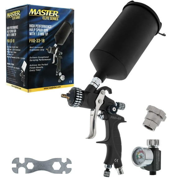 Master Elite High-Performance PRO-33 Series HVLP Spray Gun with 1.8mm Tip and Air Pressure Regulator Gauge, MPS Cup Adapter - Automotive Paint Topcoats, Primers, Enamels, Woodworking Coatings
