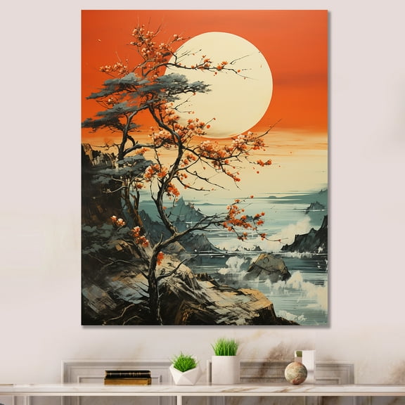 Designart "Moonlit Landscape Minimalist Japanese Scene I" Fantasy Canvas Wall Art - Global Yellow Moon Bedroom Canvas Wall Art