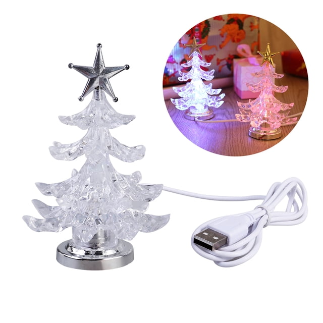 Glowing Christmas Tree LED Light USB Night Light RGB 7 Color Flashing Light Table Lamp Decorative Bedside Lamp for Home Decor Christmas Gifts (Silver Tree Top)