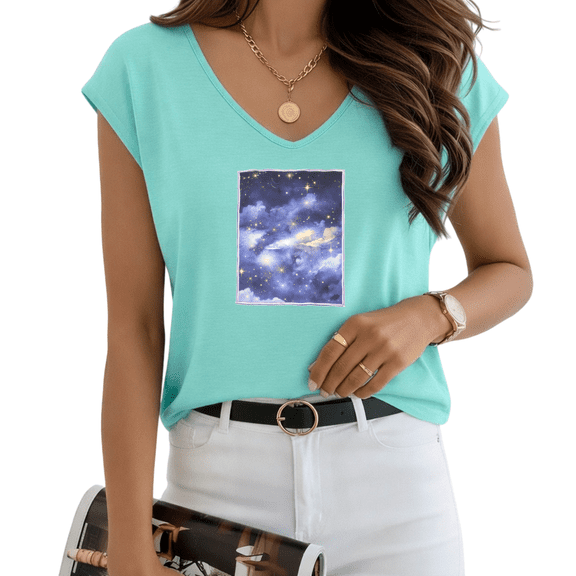 UNISHE Women's Minimal Cosmic Galaxy Cloud Blue V-Neck Sleeveless T-Shirt S-5XL Gentle Stylish Tank Top