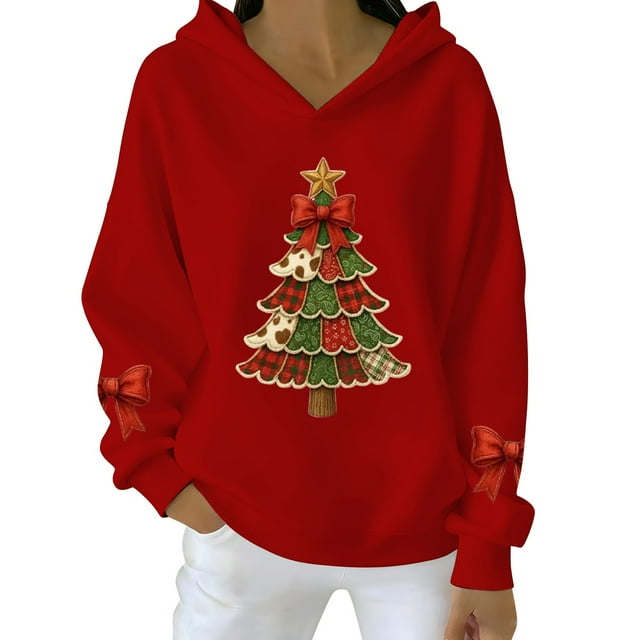 Chandails Décontractés à Manches Longues et Col Rond pour Femmes, Chandail de Noël avec Imprimé, Chandail à Capuche avec Sapin de Noël, Vêtements de Mode d'Hiver pour Noël