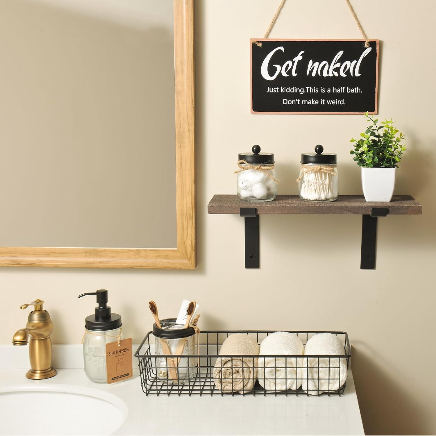 Ahot 6Pcs Bathroom Accessories Set Complete - Toothbrush Holder, Lotion Soap Dispenser, 2 Mason Jars, Soap Dish, Toilet Paper Basket, Rustic Farmhouse Decor (Brown, 6Pcs Bathroom Set)