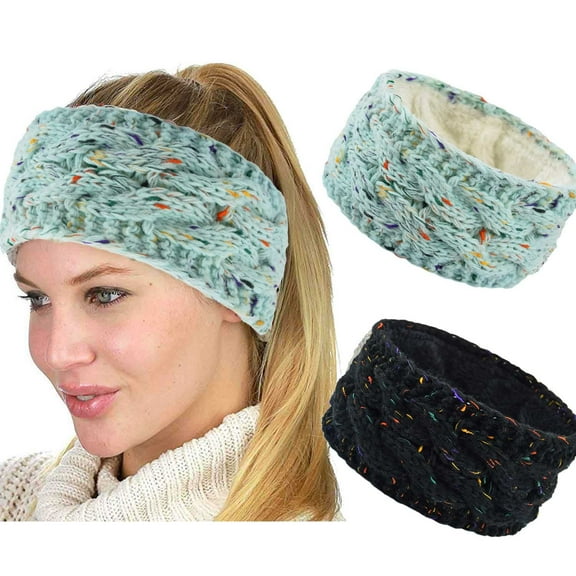 Gortin Winter Headbands Knitted Headbands Fuzzy Thick Head Wrap Women's Ear Warmer Hair Band Elastic Fleece Lined Head Band Stretch Cable Headband for Women Pack of 2 (Beige Blue)