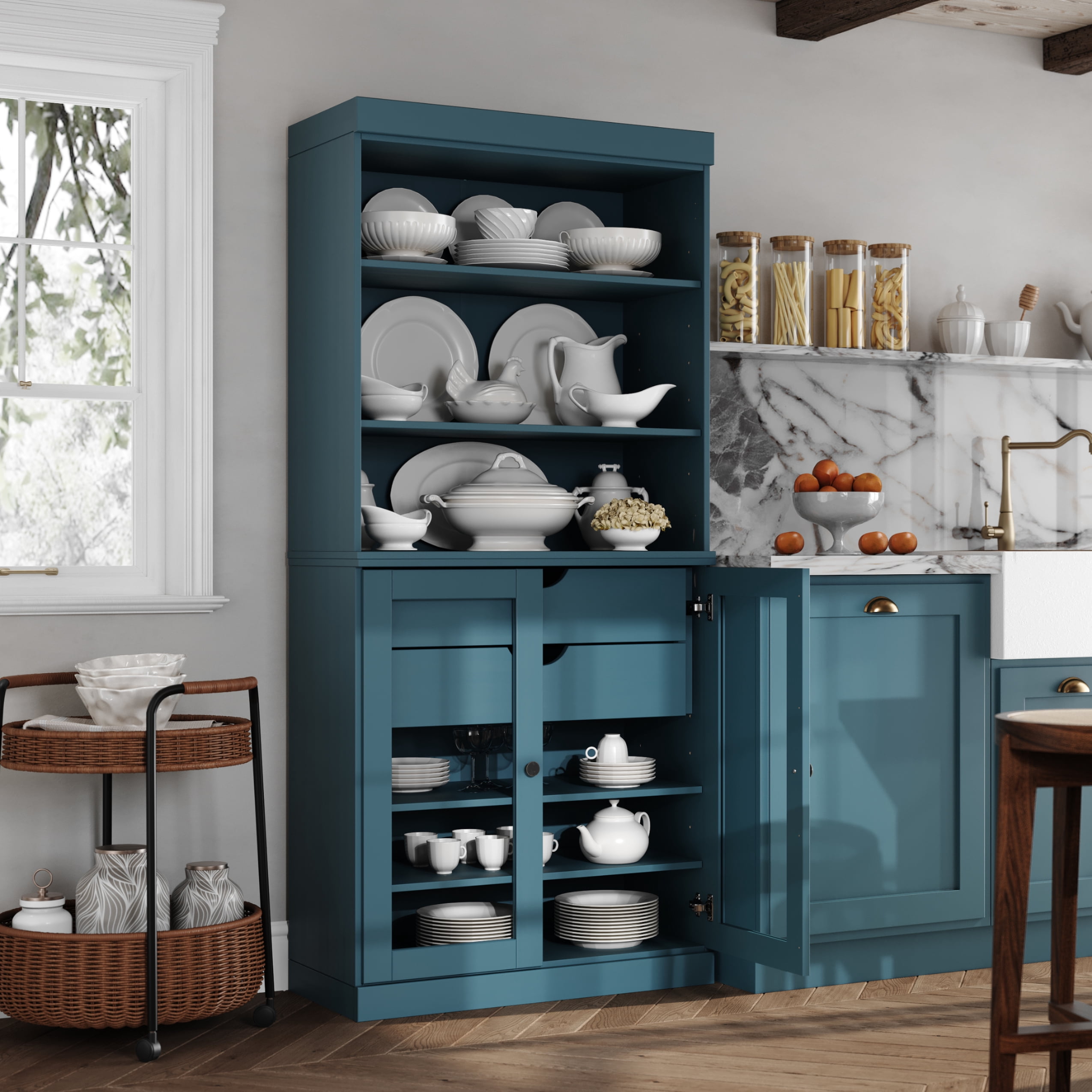 Palace Imports 100% Solid Wood 32" Kitchen Pantry Storage Cabinet with Glass Doors, Adjustable Shelves and 2-Drawers, Teal Blue