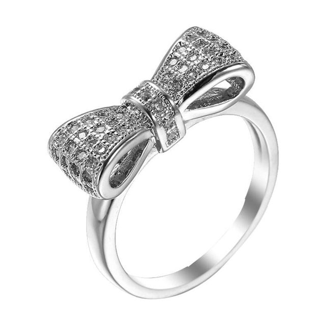 Anillos de circón de moda Anillo de cobre blanco Anillo de bowknot Accesorios de joyería para mujeres Niñas - Tamaño de EE. UU. 6