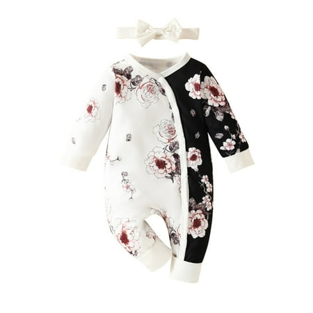 6 Months Baby Girl Clothes Ruffle Floral Infant Newborn Baby Clothes For Girls Zip Baby Girl Romper Jumpsuit with Headband White