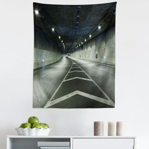 Landscape Tapestry, Interior Urban Tunnel Traffic Empty Road Modern City Highway Photo, Fabric Wall Hanging Decor for Bedroom Living Room Dorm, 5 Sizes, Navy Dark Blue and White, by Ambesonne