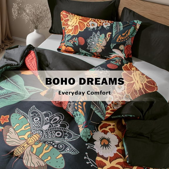 Black Boho Floral King Comforter Set - 3 Piece Farmhouse Botanical Bedding for All Season Soft Lightweight Mid  Modern Bed Set