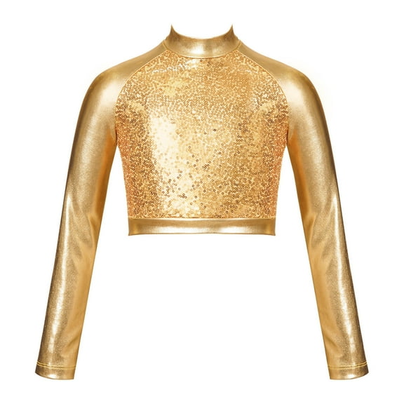 Eandarui Kids Girls Shiny Sequins Mock Neck Long Sleeve Tee Metallic Jazz Hip Hop Modern Dance Crop Gold 12