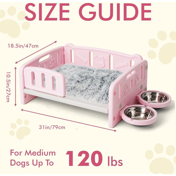 Small Dog Bed with Cushion & Bowls, Plastic Pet Bed for Puppies and Small Dogs, Raised Puppy Bed with Removable Soft Pad, Indoor Dog Bed with Double Food & Water Bowls