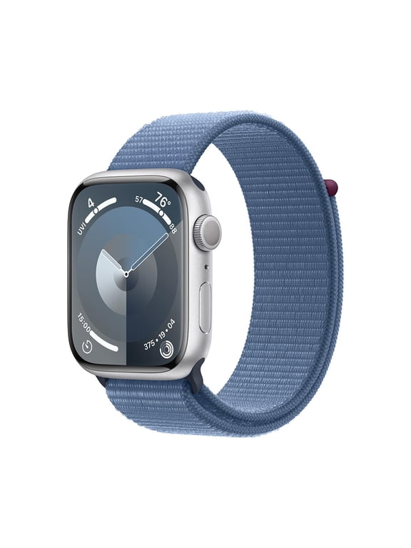 Pre-Owned Apple, Watch Series 9 (GPS) 41mm, Silver Aluminum Case with Winter Blue Sport Loop, Retina display, Double tap gesture, 1, 1