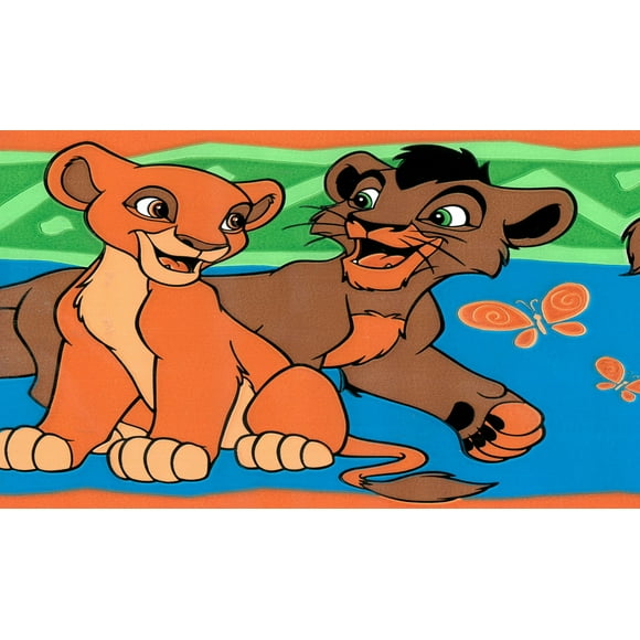 Self Adhesive Wallpaper Border - Disney Brown, Green, Blue Simba Pride Wall Border Retro Design, 15 ft x 6.83 in (4.57m x 17.35cm)