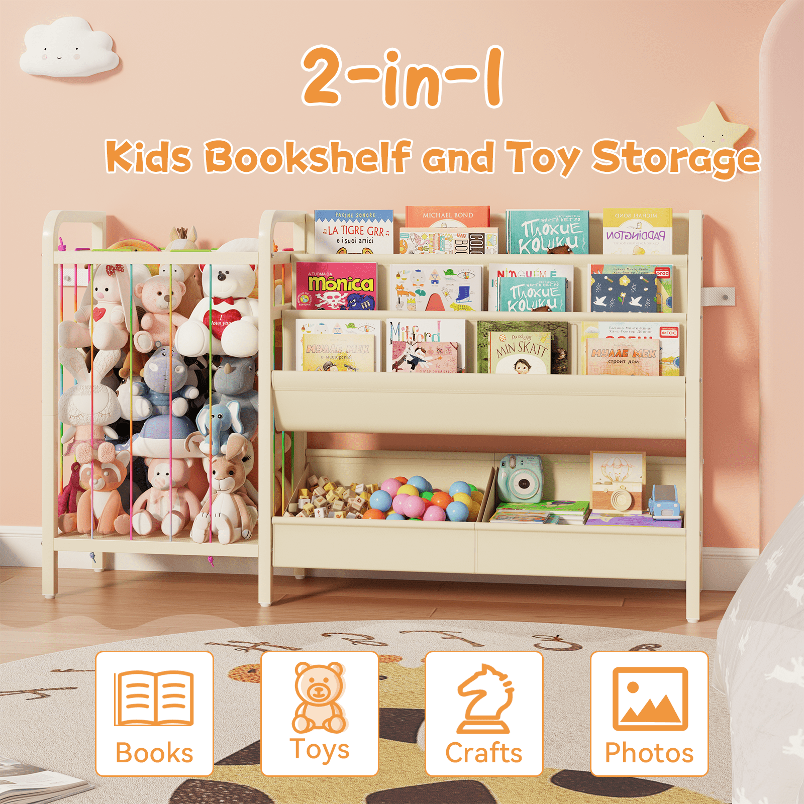 B5 Bookshelf and Toy Storage, Book Shelf for Kids Rooms, Sling Toddler Book Shelves with Stuffed Animal Storage, Montessori Baby Bookcase for Nursery, Bedroom, Playroom, White