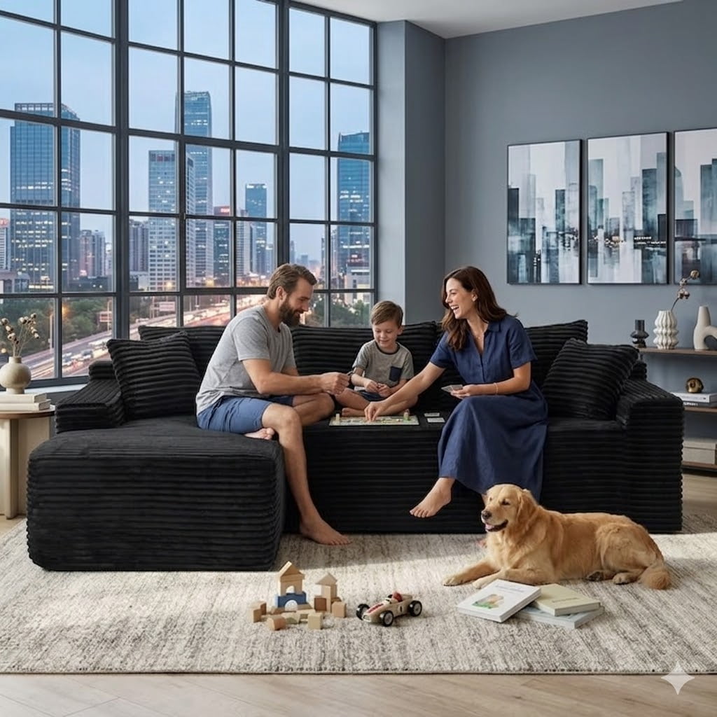 Howcool Boneless Sectional Sofa, L-Shaped Cloud Couch with Left-Facing Chaise, Deep Seat Memory Foam Modular Sofa for Living Room, Black