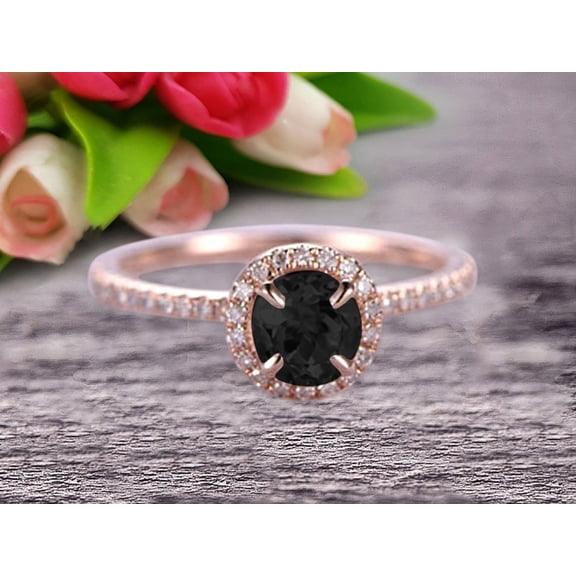 1.75 Carat Round Cut Gem Stone Black Diamond Moissanite Engagement Ring On 10k Rose Gold Wedding Ring Art Deco Personalized for Brides