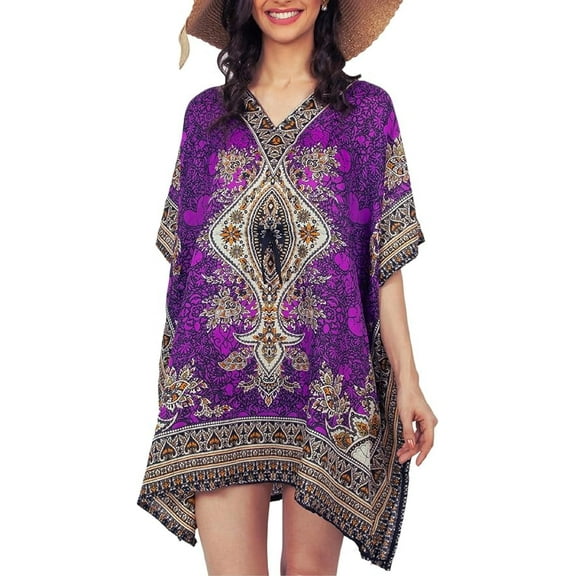 Short Kaftan Beach Cover ups Dresses for Women Ladies Dashiki Caftan Loungewear Free Size Purple