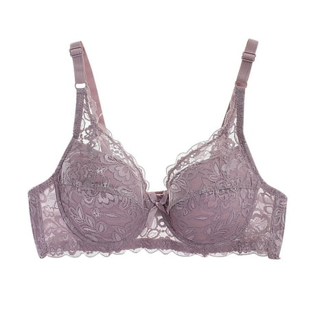Ecqkame Lace Bras for Women No Underwire Push Up Bras Plus Size Thin without Sponge Lingerie Comfortable Bras for Women B-Purple L on Clearance