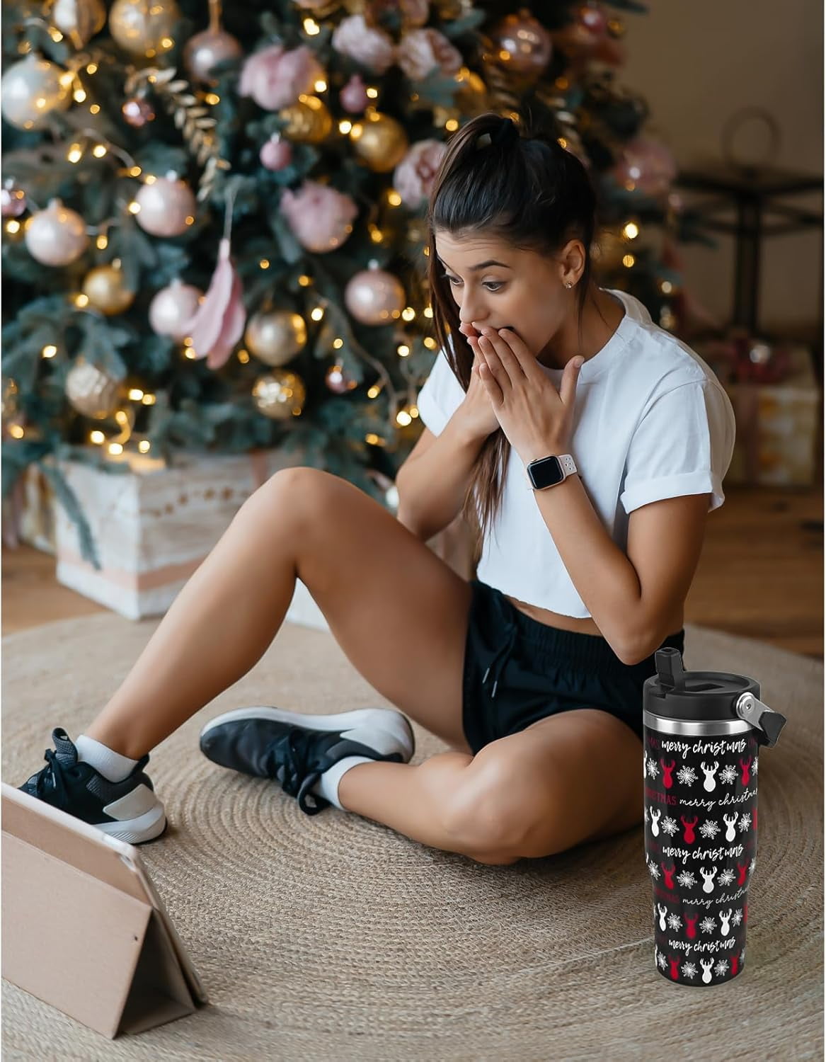 Christmas Tumbler with Handle and Straw Elk Tumbler Insulated Stainless Steel Cups Snowflake Coffee Travel Mug Winter Merry Christmas Gifts Decor-30 oz(1PCS)