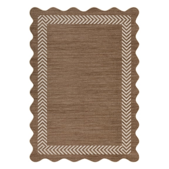 Washable Scalloped Chevron Jute-Look Area Rug – Indoor/Outdoor Non-Slip Mat