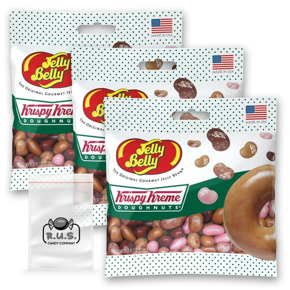 Jelly Belly Krispy Kreme Doughnuts Mix Jelly Beans- 3 Pack - 2.8 oz bag each, Gourmet jelly beans - this Dessert Bundle comes with 1 R.U.S. Candy Company pocket size travel bag Krispy Kreme Doughnut