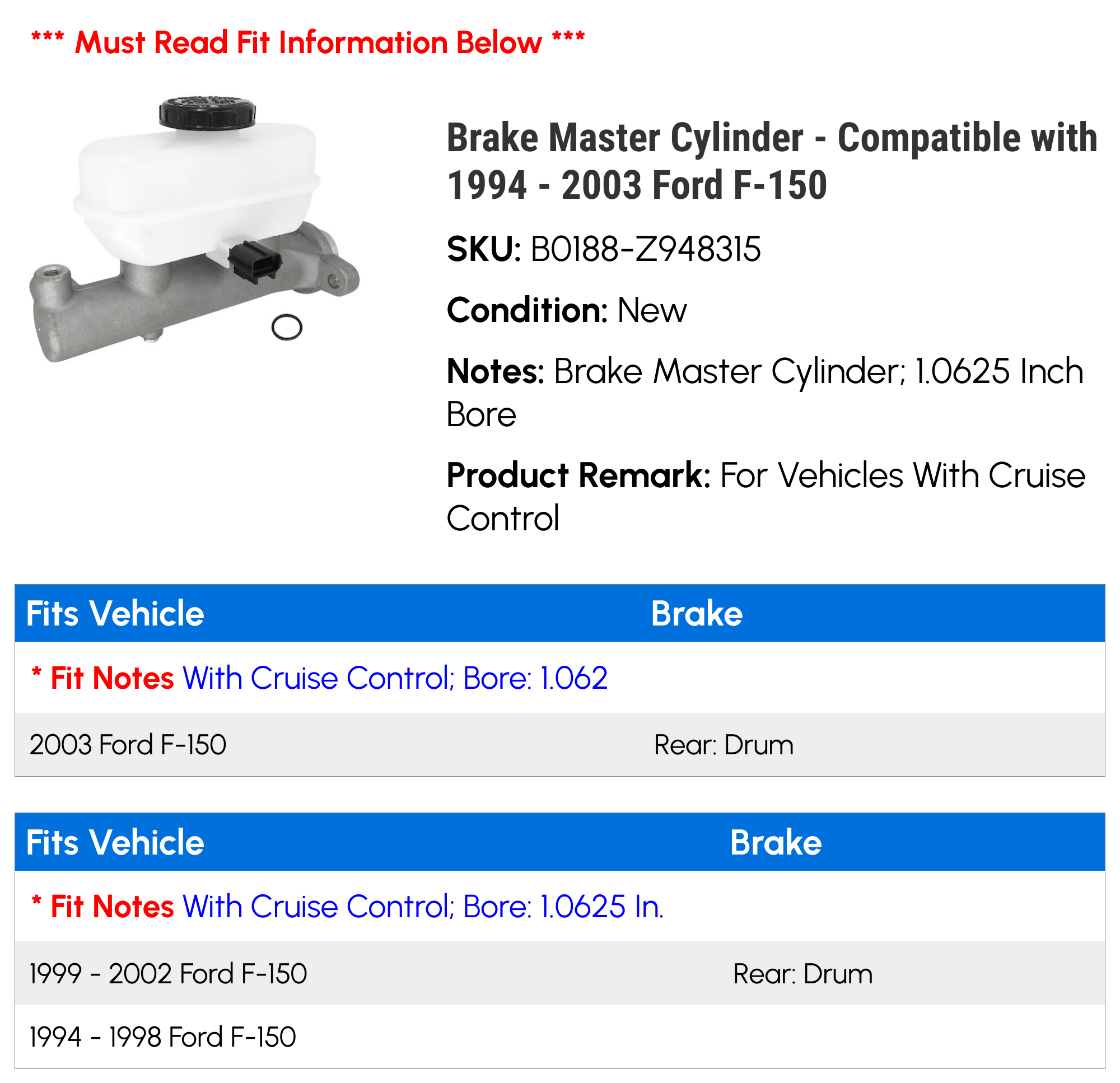 Brake Master Cylinder - Compatible with 1994 - 2003 Ford F-150 1995 1996 1997 1998 1999 2000 2001 2002