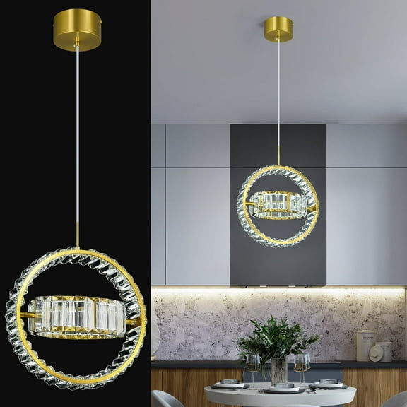 LMQNINE Modern Crystal LED Pendant Light,Dimmable 35W Gold Lighting for Kitchen Island,Dining,Living Rooms,Hallway(6000K, 1-Pack)