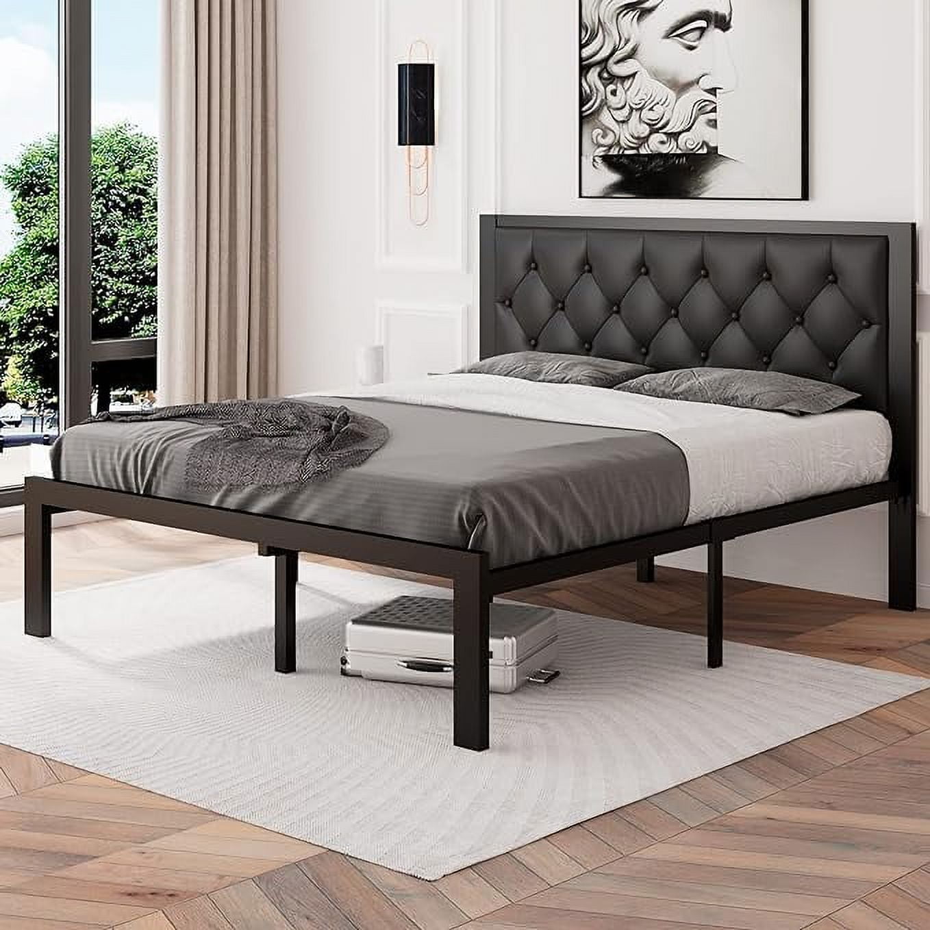Honfach Queen Size Metal Platform Bed Frame with Faux Leather Upholstered Button Tufted Headboard, Mattress Foundation with 12” Storage, Steel Slats SupportNo Box Spring Needed, Easy Assembly, Black