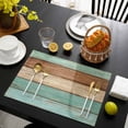 thumbnail image 3 of Farmhouse Teal Blue Brown Placemats Set of 8, Vintage Wooden Striped Placemats for Dining Table, Place Mats for Kitchen Tabletop, Waterproof Wipeable Dining Table Mats Set, 3 of 9