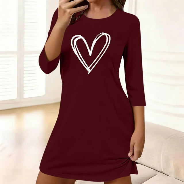 TaTaai Long Sleeved Loose Heart Printed Nightgown, Women's Round Neck Airy Piece, Spring Summer Outfit, Casual Daily Wedding Party Dance Work Vacation Wear, Line Dry Gift