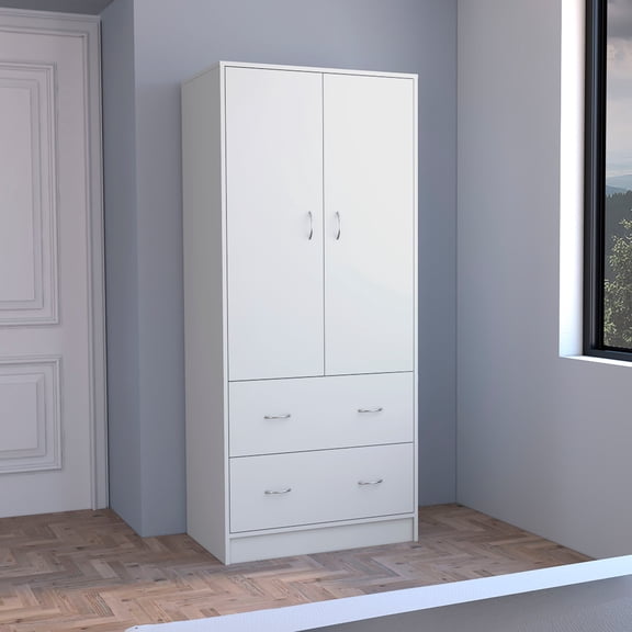 Taly 2-Door Armoire with Two Drawers and Hanging Rod, Spacious Wardrobe Storage Cabinet
