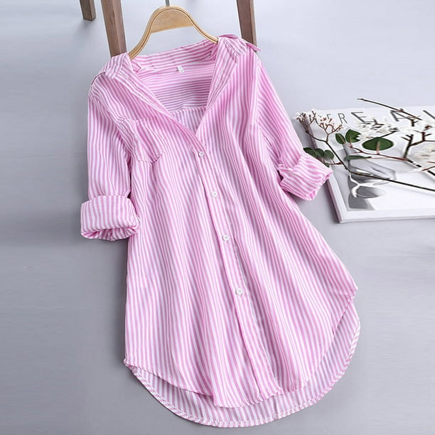 ICHUANYI Clearance Women Stripe Long Sleeve Turn-down Collar Button Loose Top Blouse(Pink, L) ICHUANYI WER2023080705859