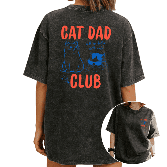 Women Cat Dad Club Funny Cat Graphic Tees T Shirt Tops Round Neck Washed Cotton T Shirt Black S-2XL Plus Size