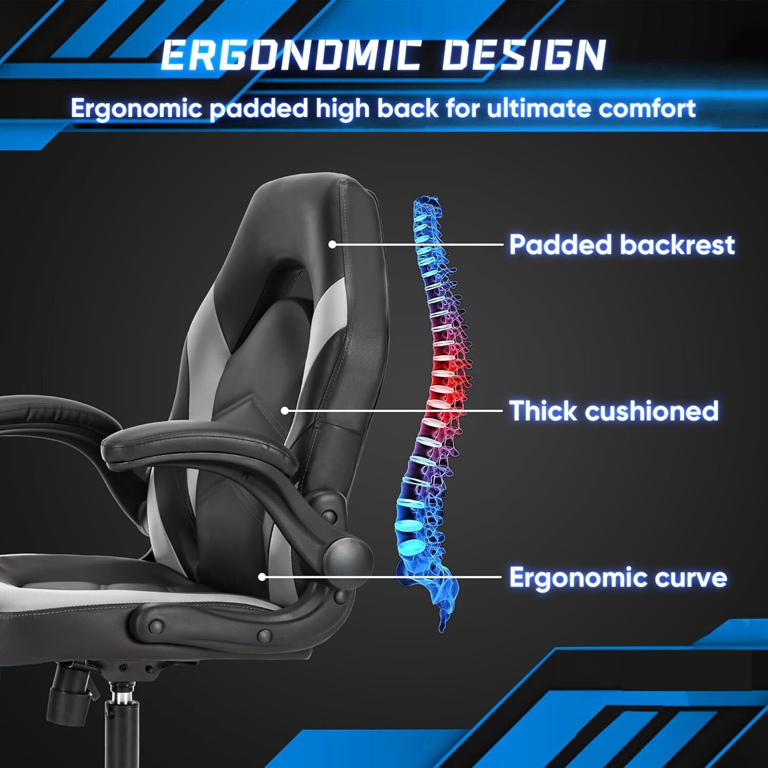 AENKYO Gaming Chair, Computer Chair Ergonomic Office Chair PU Leather Desk Chair Executive Adjustable Swivel Task Chair with Flip-up Armrest, Gray