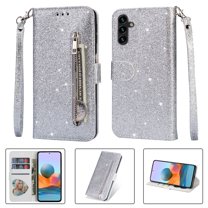 Ancove for Samsung Galaxy A15 Wallet Case with Card Holder & Strap,Glitter Bling PU Leather Shockproof Magnetic Kickstand Zipper Pocket Flip Case Cover for Galaxy A15,Silver