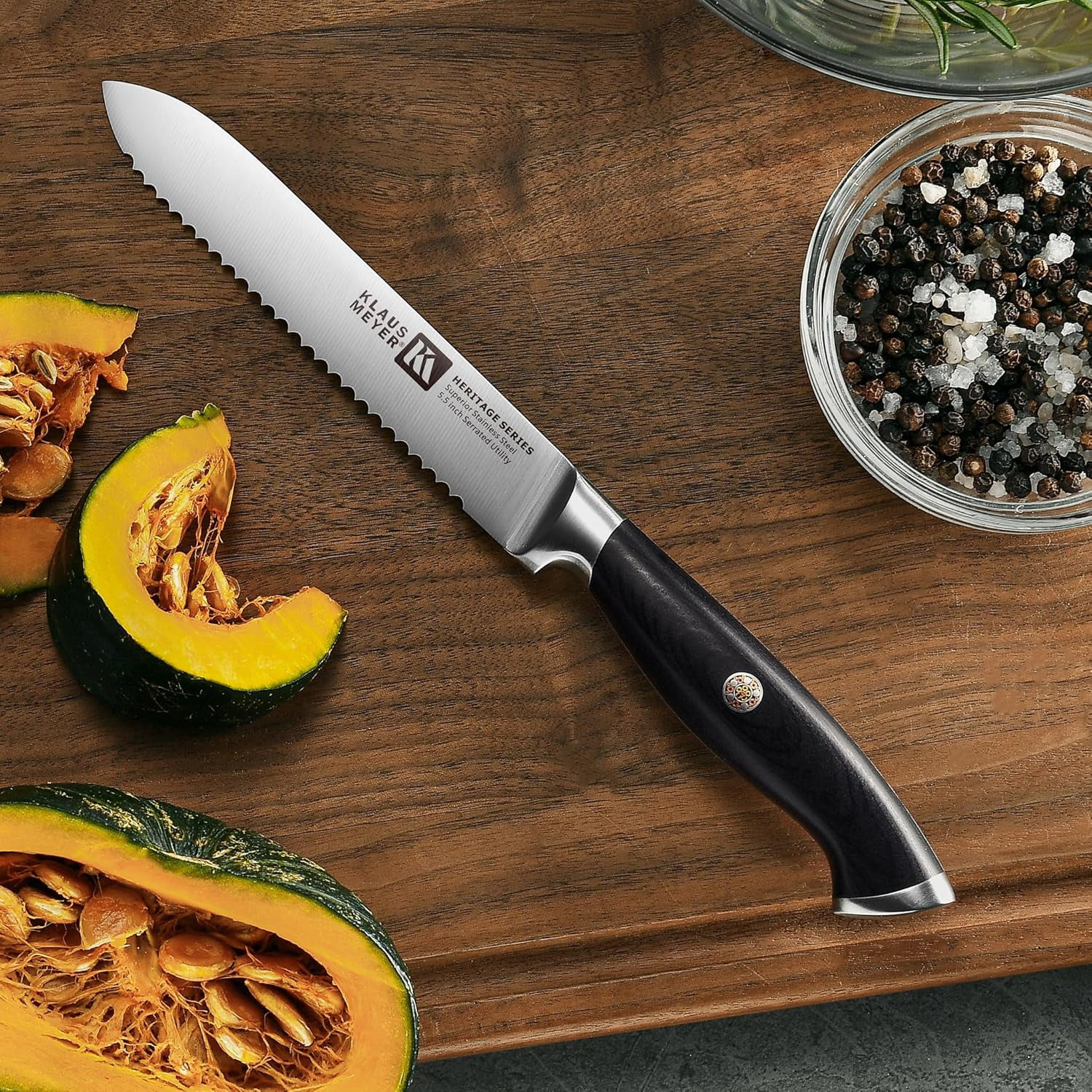 Klaus Meyer 8-Piece Kitchen Knife Set, German High Carbon Steel Pakka Wood Handle Chef Knife Set With Block, Ultra Sharp With Scissors, Sharpener Rod.