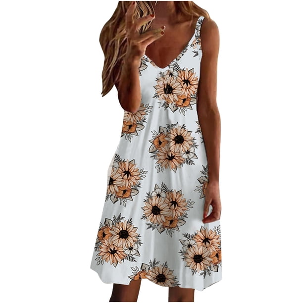 Vestido sin mangas con estampado floral sin mangas con cuello en V de cintura media de verano de moda sexy para mujer Pompotops ghjkhdj8699