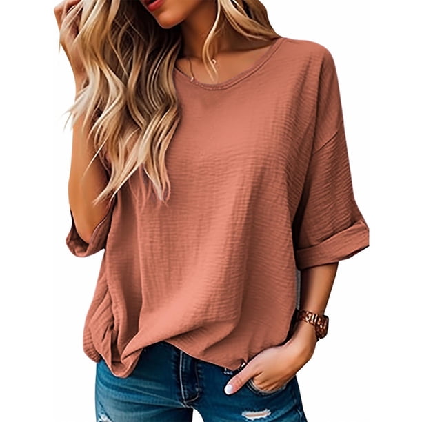 Fiudx Ofertas Flash Del Día Blusas Sueltas Informales para Mujer, Camiseta Lisa con Cuello Redondo y Manga 1/2