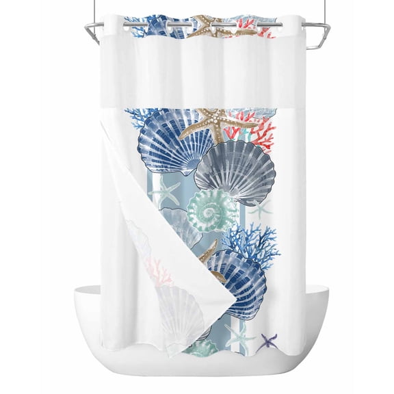No Hook Cloth Fabric Shower Curtain with Snap in Liner, Navy Blue Coastal Waterproof Shower Curtains Set with See Through Top Window, Summer Beach Nautical Shell Starfish Bath Curtains Shower 36"x78"