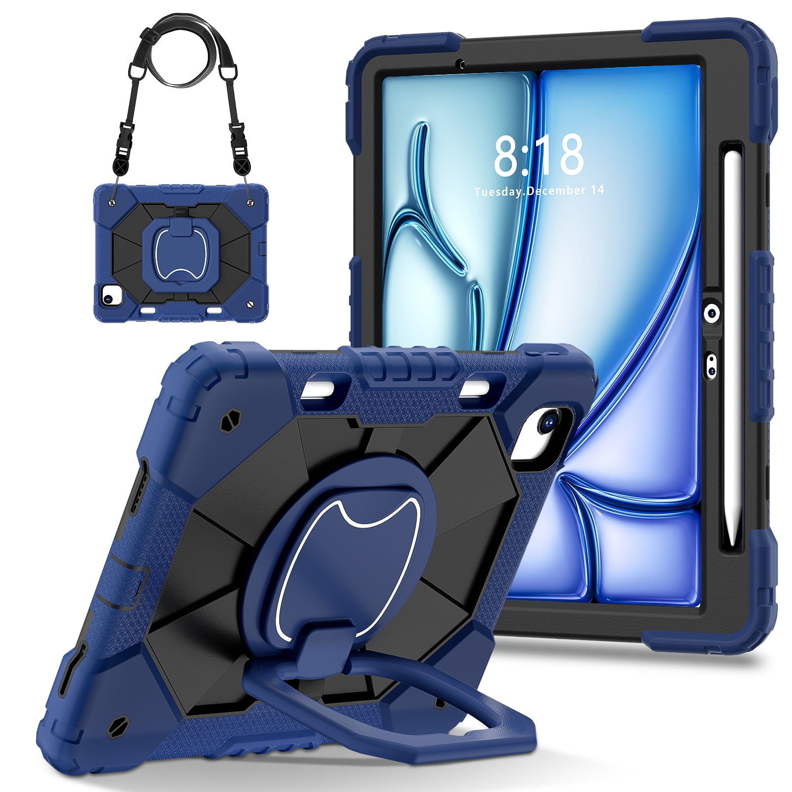 Hard Tablet Case for iPad Air 11-Inch M2 2024 (A2902/A2903/A2904), Heavy-duty Rugged Case with Kickstand /Pencil Holder, Portable Shockproof Sturdy Cover with Shoulder Strap /Handle, Blue Black