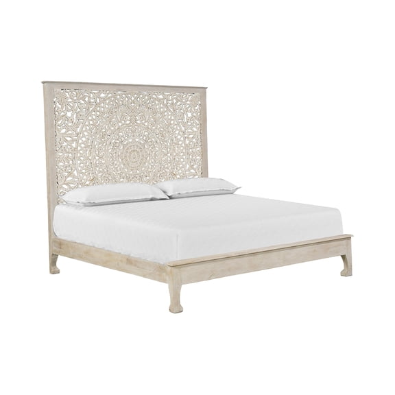 Taran Designs Gianna Floral Carved Solid Wood King Bed in White