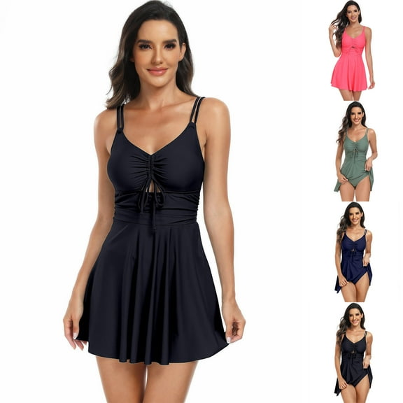 Jacenvly 2024 Swimdress for Women Plus Soft Satiny Women's Swimsuit Women's Sports Quick Drying Skirt Style Bikini Swimsuit Multicolor V-Neck Beach Dresses for Women Casual Summer Black