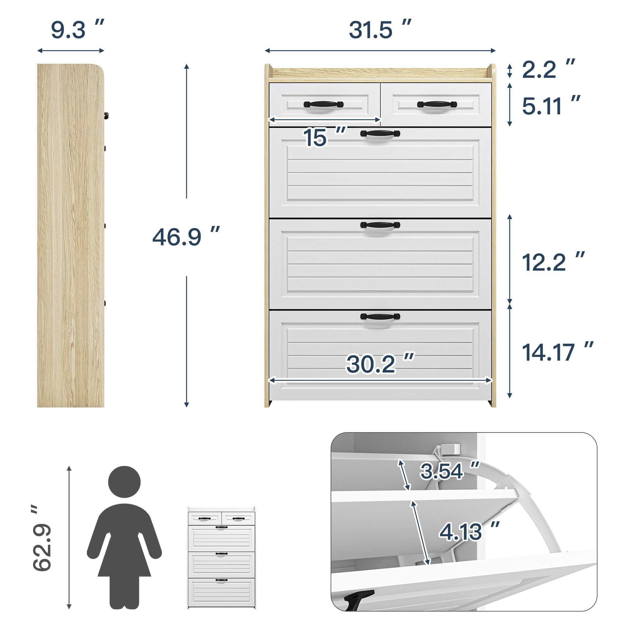 Demi Bonn Narrow Shoe Storage Cabinet, Shoe Cabinet for Entryway with 3 Flip Drawers, Wood Hidden Freestanding Shoe Organizer for Hallway, Bedroom, Apartment, Oak