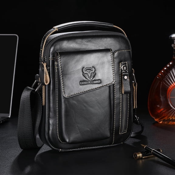LEBULLBRO Mens Genuine Leather Sling Shoulder Messenger Bags Crossbody Business Office Work Bag Black