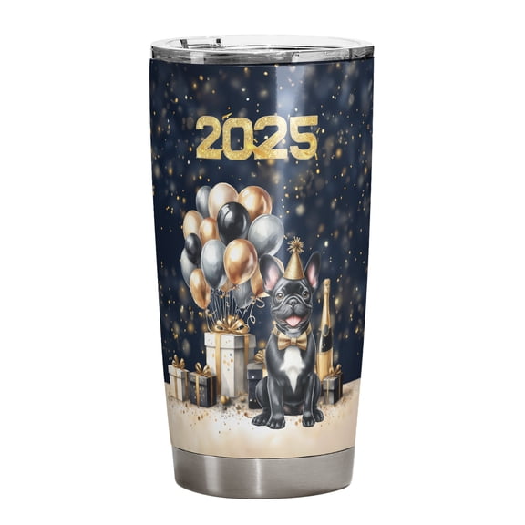 Happy New Year French Bulldog Welcome 2025 Balloon Firework Party 20oz Stainless Steel Tumbler Insulated Cup with Lid Dog Lover Gifts - 01014