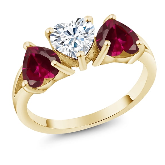 Gem Stone King 18K Yellow Gold Plated Silver 3-Stone Ring Near Colorless Heart Shape 2.72cttw Moissanite and Created Ruby (Size 5)
