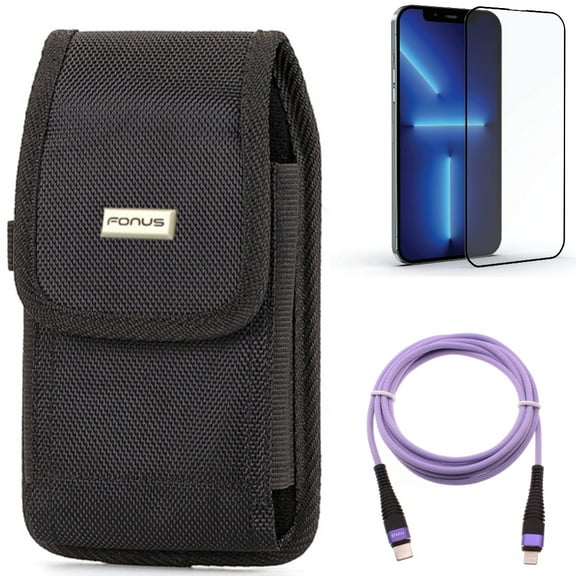 Purple 6ft PD Cable & Screen Protector & Case Belt Clip for iPhone 13 Pro Max ONLY - USB-C Long Cord Fast Charger   Anti-Glare Tempered Glass Matte   Rugged Holster Canvas Combo