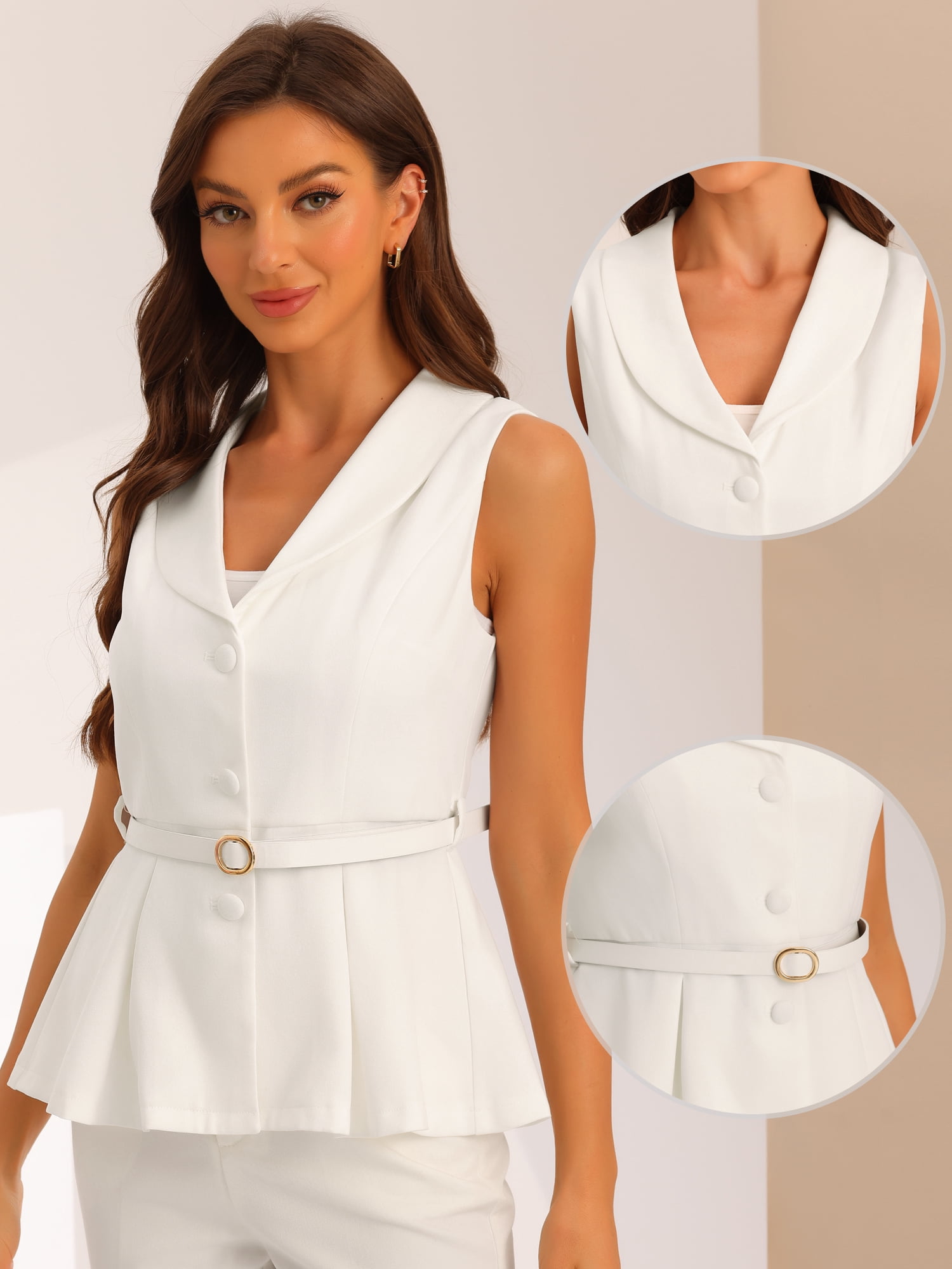 DARING DIVA Women's Lapel Collar Button Down Sleeveless Blazer L White